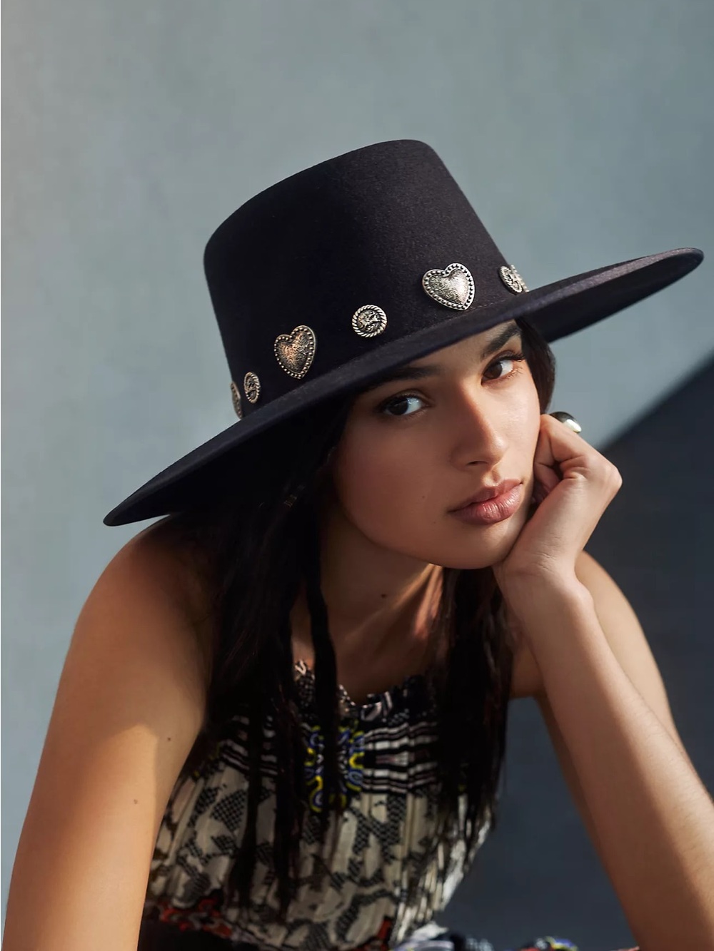 Wyeth Rochelle Boater Hat Black Wool Felt Western Heart Concho Vintage Cowgirl